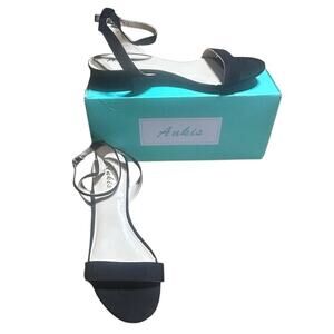 Ankis low block heel black suede sz 8.5 open toe 1 inch heel ankle strap shoes